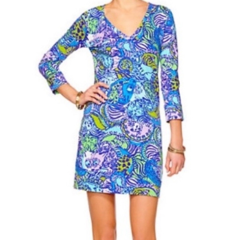 Lilly Pulitzer Christie Cattitude Blue Multi Cat Print Pima Cotton Dress L EUC